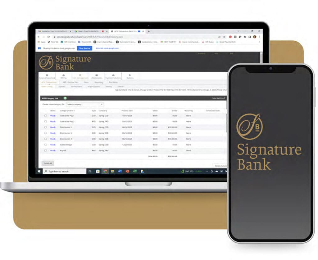Image of laptop on Signature Bank site and mobile phone with Signature Bank logo