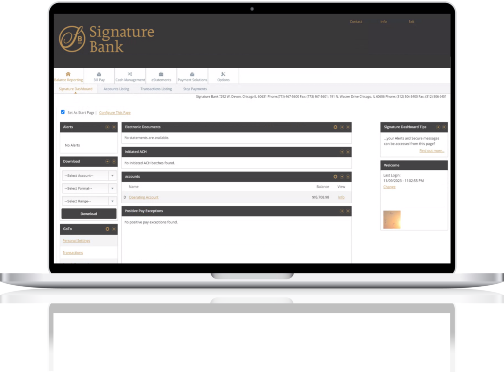 Laptop with Signature Bank site on screen